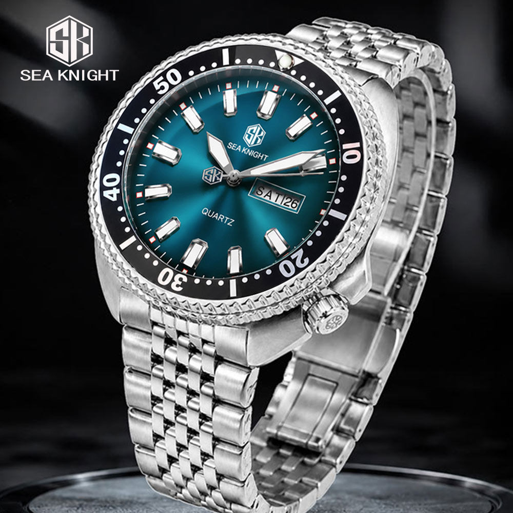Smartwatch Luxury Watches For Men - SEA KNIGHT นาฬิกาควอตซ์หรูหราสำหรับผู้ชาย ดีไซน์ขอบหน้าปัดหมุนได้ พร้อมฟังก์ชันเรืองแสง แสดงวันที่และวันในสัปดาห์