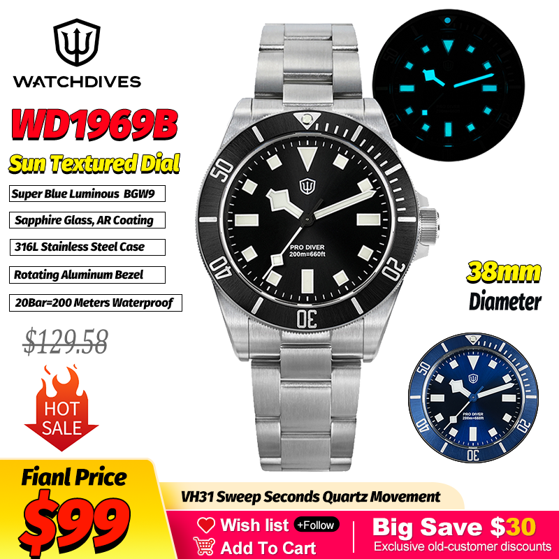 Smartwatch Luxury Watches - นาฬิกาไดฟ์วิส WD1969 ซันเท็กซ์เจอร์แฟชั่นนาฬิกาข้อมือควอตซ์ VH31 แซฟไฟร์ 200M