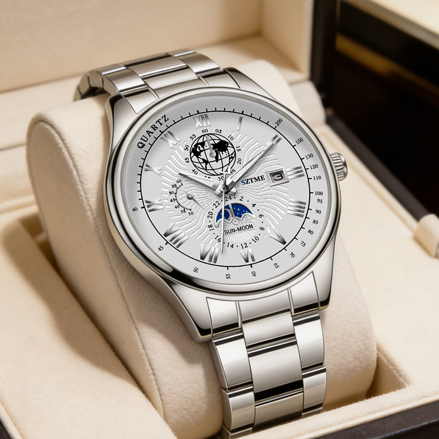 Smartwatch Luxury Watches For Men - นาฬิกาข้อมือผู้ชายสุดหรู สายสตีล ปฏิทิน หน้าปัดลายโรมัน เรืองแสง แฟชั่นทันสมัย