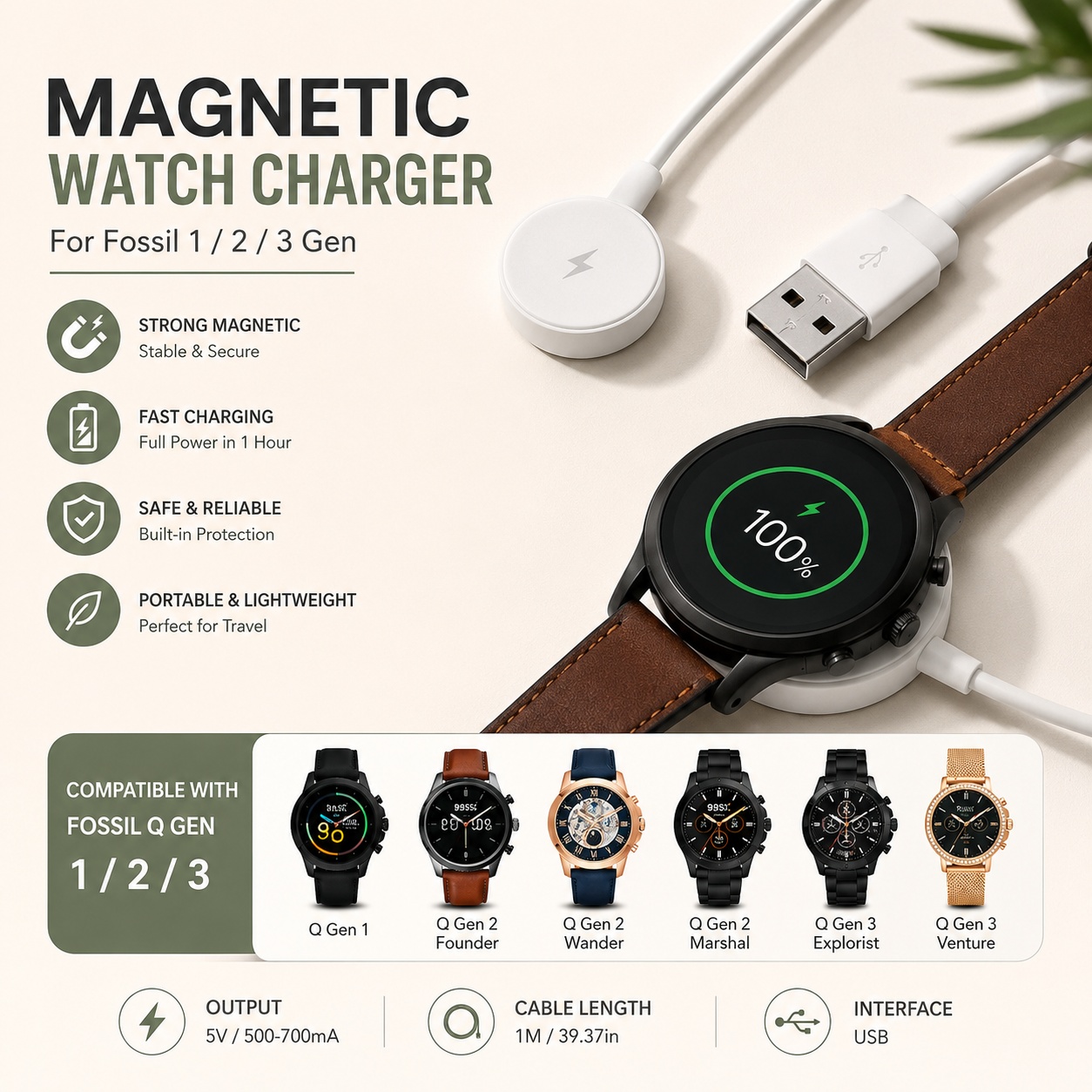 Fossil Watches Smartwatch Gen 3 - อะแดปเตอร์ชาร์จนาฬิกา USB สายชาร์จสมาร์ทวอทช์ อุปกรณ์เสริมสำหรับเปลี่ยนแท่นชาร์จสำหรับนาฬิกา Fossil Gen