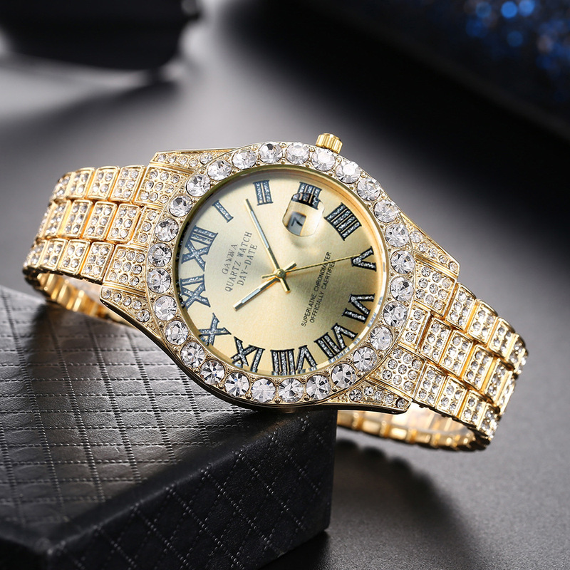 Smartwatch Luxury Watches For Men - นาฬิกาควอตซ์ผู้ชาย สายเหล็กหรูหรา ประดับเพชรเต็มหน้าปัดลายท้องฟ้าเต็มดาว นาฬิกาข้อมือธุรกิจระดับไฮเอนด์ พร้อมตัวเลขโรมันและปฏิทิน